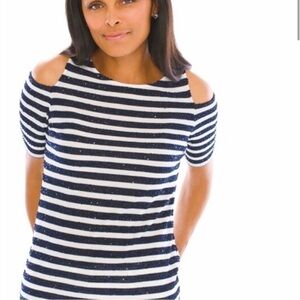 Chico's Striped Cold Shoulder Shirt women’s 2 Blouse Top Black White Sequins